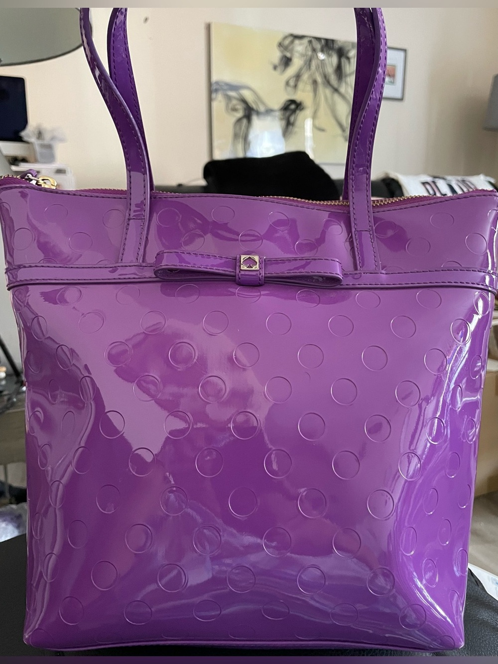 Kate Spade Glossy Purple Patent Tote Bag with Bow Accent